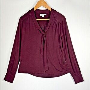 Amour Vert Top Womens Small Burgundy Wine RedModal Tie Neck Long Sleeve USA Made
